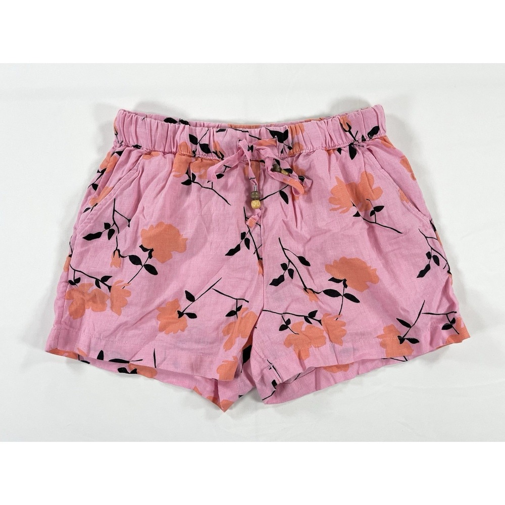 Cynthia Rowley 100% Linen Shorts M Womens Pink Floral Drawstring Pockets